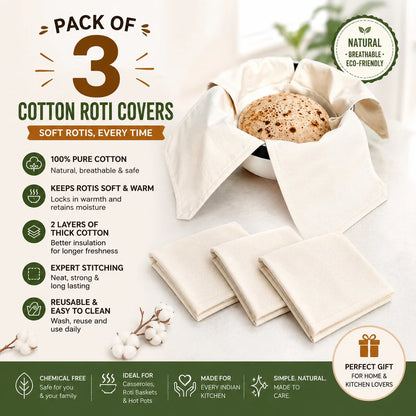 (Pack Of 3) Cotton Double Layer Wrap With Flaps For Roti, Chapati & Paratha